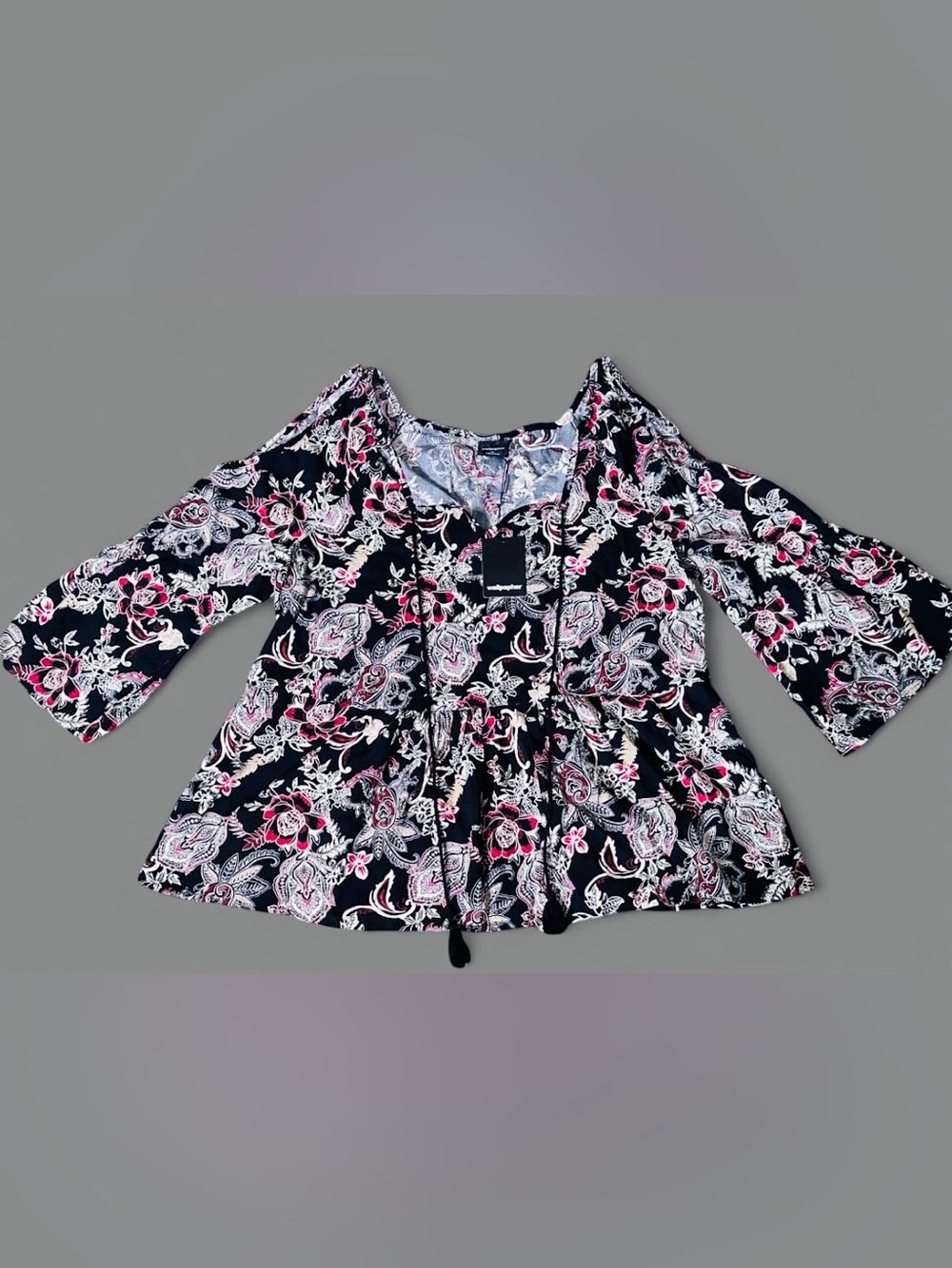 Women’s Black Floral Peasant Top with Red Accents